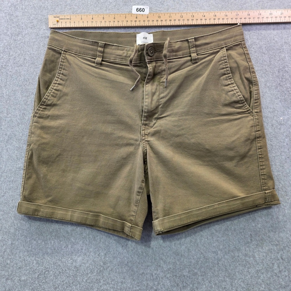 HM Mens Regular Fit Chino Shorts Olive Green Khaki Drawstring Waist‎ Size Medium